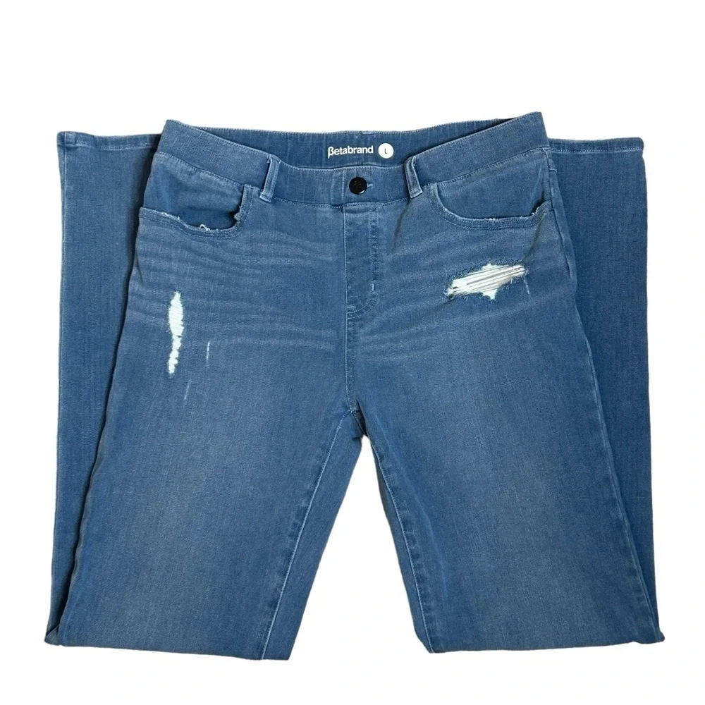 BETABRAND Denim blue jeans Pull on Straight leg 4 pocket Stretchy Size Large